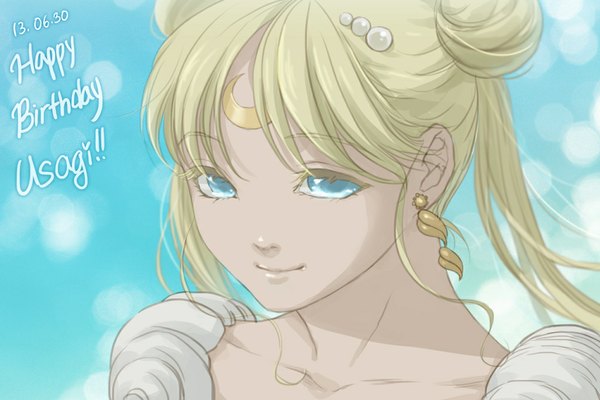 Anime picture 1005x670 with bishoujo senshi sailor moon toei animation princess serenity essence (pixiv) single blue eyes blonde hair twintails light smile portrait blue background face crescent girl hair ornament earrings fireflies