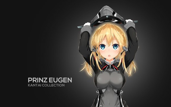 Anime picture 1920x1200 with kantai collection prinz eugen (kantai collection) assassinwarrior sune (mugendai) single long hair blush fringe highres breasts open mouth blue eyes simple background blonde hair large breasts twintails arms up character names black background looking up