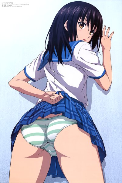 Anime picture 6063x9045 with strike the blood megami magazine himeragi yukina single long hair tall image highres open mouth light erotic black hair brown eyes absurdres ass looking back official art skirt lift girl skirt uniform underwear