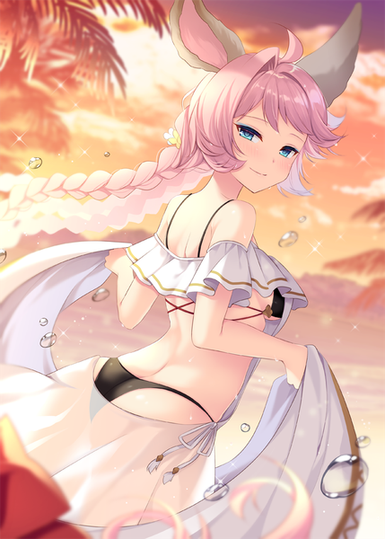 Anime picture 700x979 with granblue fantasy tien (granblue fantasy) shikitani asuka single tall image looking at viewer blush fringe breasts blue eyes light erotic smile standing bare shoulders holding animal ears pink hair sky cloud (clouds) ahoge
