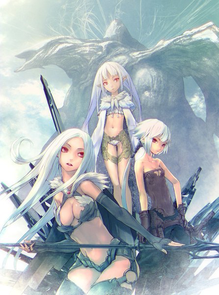 Anime picture 1190x1600 with redjuice long hair tall image breasts light erotic red eyes bare shoulders multiple girls cleavage white hair pointy ears midriff hand on hip rock girl gloves navel elbow gloves fingerless gloves 3 girls