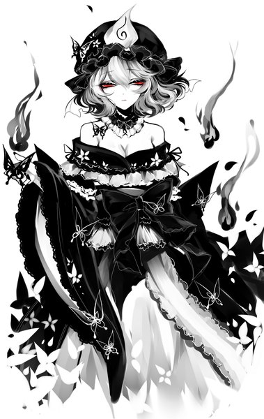 Anime-Bild 2400x3800 mit touhou saigyouji yuyuko sheya single tall image looking at viewer fringe highres short hair breasts light erotic simple background hair between eyes red eyes white background bare shoulders cleavage traditional clothes japanese clothes off shoulder