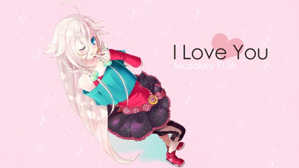 Anime picture 1600x900 with vocaloid ia (vocaloid) 1hayu single long hair blush blue eyes blonde hair wide image bare shoulders ahoge one eye closed wink finger to mouth pink background girl dress heart