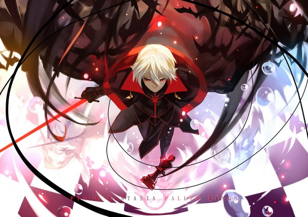 Anime picture 1500x1061 with original pixiv fantasia pixiv fantasia fallen kings joseph lee single fringe short hair blonde hair red eyes standing looking away from above checkered floor glowing weapon boy gloves weapon sword black gloves cloak