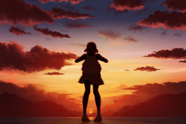 Anime picture 1440x960 with original bookiti (artist) single short hair brown hair sky cloud (clouds) from behind evening sunset mountain landscape girl skirt water bag sneakers