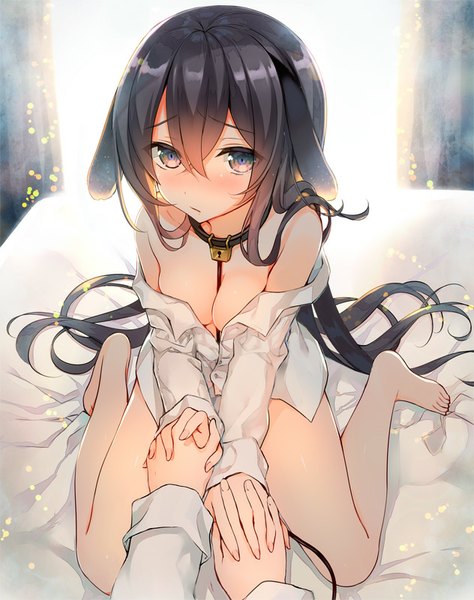 Anime picture 632x800 with original yadapot single long hair tall image looking at viewer blush fringe breasts blue eyes light erotic black hair sitting animal ears barefoot open clothes bare legs open shirt holding hands wariza