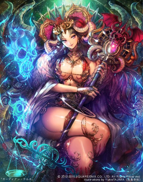 Anime picture 1000x1269 with guardian cross original tajima yukie single long hair tall image looking at viewer breasts light erotic brown hair large breasts sitting cleavage purple hair head tilt pink eyes multicolored hair horn (horns) from above official art
