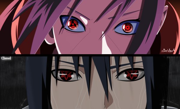 Anime picture 1200x728 with naruto studio pierrot naruto (series) uchiha sasuke uchiha itachi xdeidar4 looking at viewer short hair black hair red eyes wide image multiple boys coloring multiview akatsuki sharingan boy 2 boys