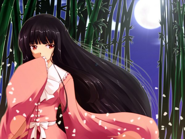 Anime picture 1280x960 with touhou houraisan kaguya tohoho (hoshinoyami) single long hair black hair red eyes long sleeves girl plant (plants) petals moon bamboo