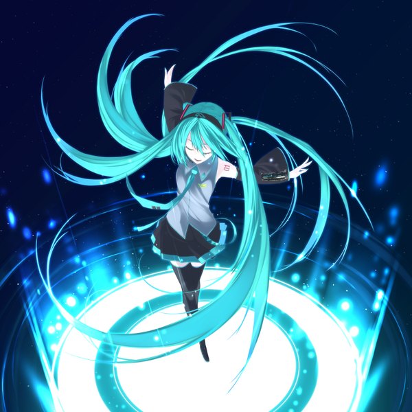 Anime picture 1500x1500 with vocaloid hatsune miku senmu single simple background bare shoulders eyes closed very long hair aqua hair dancing girl skirt detached sleeves necktie thigh boots