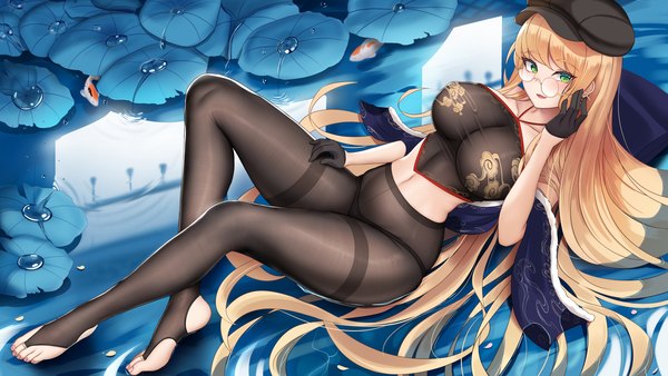 Anime picture 7680x4320 with warship girls r missouri (warship girls r) nekoda (maoda) single long hair looking at viewer blush fringe highres breasts open mouth light erotic blonde hair smile wide image large breasts green eyes payot absurdres full body