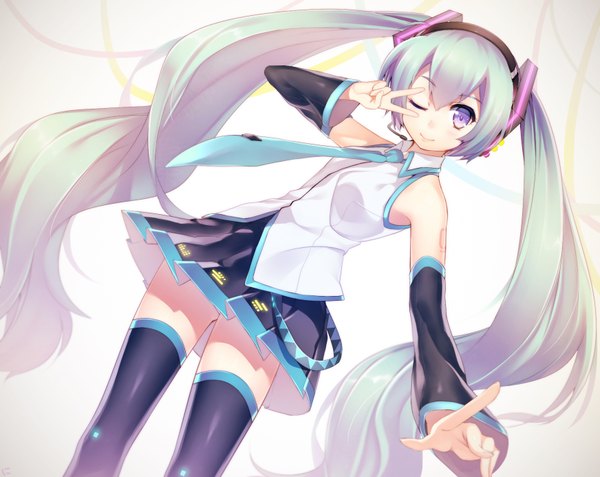 Anime picture 1743x1386 with vocaloid hatsune miku niwashi (yuyu) single looking at viewer highres smile purple eyes twintails very long hair one eye closed wink zettai ryouiki victory girl skirt detached sleeves miniskirt necktie headphones