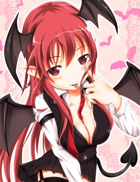 Anime picture 1450x1875 with touhou koakuma tenchou no matsumoto single long hair tall image blush breasts light erotic red eyes red hair :p head wings girl wings