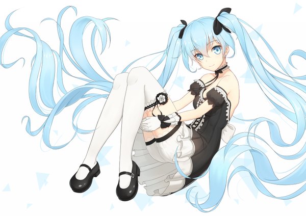 Anime picture 1754x1240 with vocaloid hatsune miku anarchojs single looking at viewer blush fringe highres simple background smile hair between eyes white background twintails bare shoulders full body bent knee (knees) very long hair aqua eyes aqua hair floating hair
