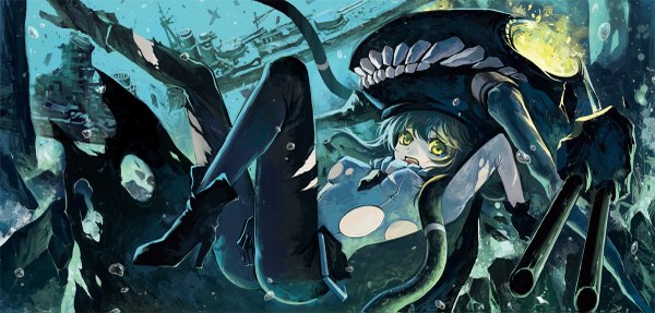 Anime picture 1200x575 with kantai collection wo-class aircraft carrier luko single long hair looking at viewer light erotic wide image green eyes grey hair teeth torn clothes pale skin underwater shinkaisei-kan girl gloves black gloves cape bodysuit