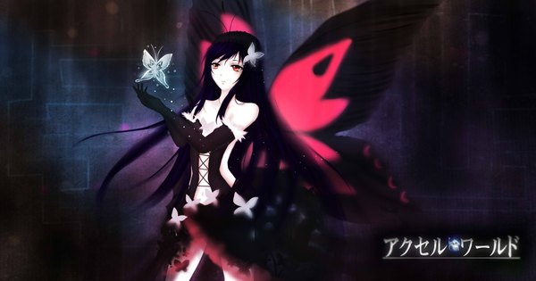 Anime picture 4000x2106 with accel world sunrise (studio) kuroyukihime single long hair highres black hair red eyes wide image bare shoulders absurdres very long hair inscription looking up insect wings butterfly wings girl dress gloves elbow gloves
