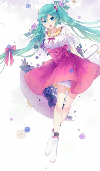 Anime picture 702x1200 with vocaloid hatsune miku lyodi (artist) single tall image looking at viewer fringe open mouth twintails very long hair hair flower aqua eyes aqua hair alternate costume embarrassed happy hands behind back girl hair ornament flower (flowers)