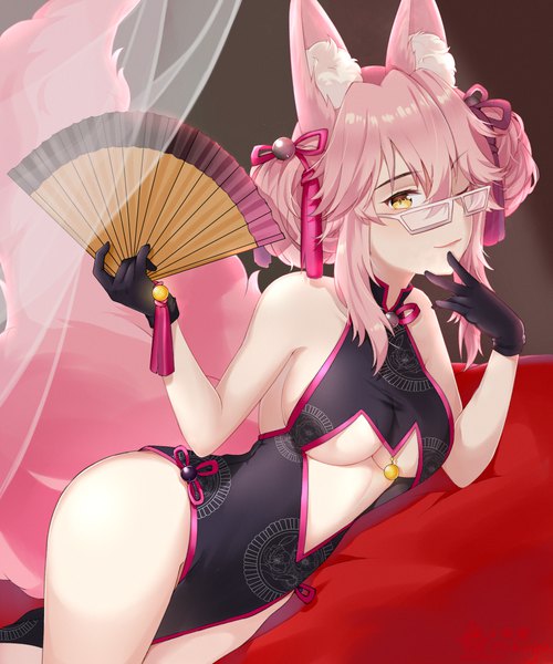 Anime picture 3000x3600 with fate (series) fate/grand order koyanskaya mokuyu single long hair tall image looking at viewer fringe highres breasts light erotic smile hair between eyes large breasts bare shoulders holding animal ears tail traditional clothes