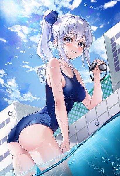 Anime picture 2051x3000 with original lebring single long hair tall image looking at viewer fringe highres breasts light erotic smile hair between eyes standing purple eyes holding payot sky silver hair cloud (clouds) outdoors