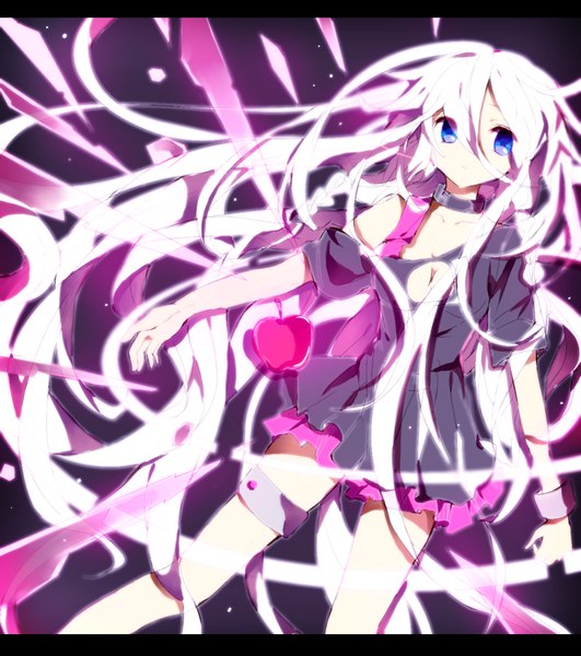 Anime picture 1280x1446 with vocaloid ia (vocaloid) hiiragi fuyuki single tall image looking at viewer blue eyes cleavage white hair braid (braids) very long hair letterboxed girl dress choker belt thigh strap short dress fruit apple