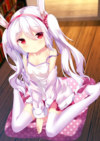 Anime picture 1273x1800 with azur lane laffey (azur lane) chinomaron single long hair tall image looking at viewer blush fringe hair between eyes red eyes sitting twintails bare shoulders animal ears payot purple hair full body long sleeves pleated skirt