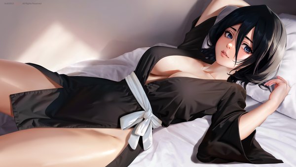 Anime picture 5920x3330 with bleach studio pierrot kuchiki rukia yi qiang single blush highres short hair breasts blue eyes light erotic black hair wide image large breasts looking away absurdres cleavage indoors lying traditional clothes