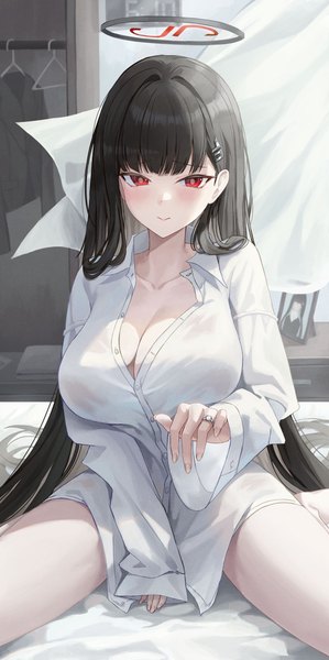 Anime picture 1300x2607 with blue archive rio (blue archive) slime nyang single long hair tall image looking at viewer blush fringe breasts light erotic black hair red eyes large breasts sitting indoors blunt bangs long sleeves sleeves past wrists partially open clothes