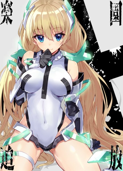 Anime picture 1062x1472 with expelled from paradise angela balzac shirabi single tall image looking at viewer blush fringe breasts light erotic blonde hair large breasts sitting twintails grey background spread legs alternate costume shiny skin kneeling low twintails