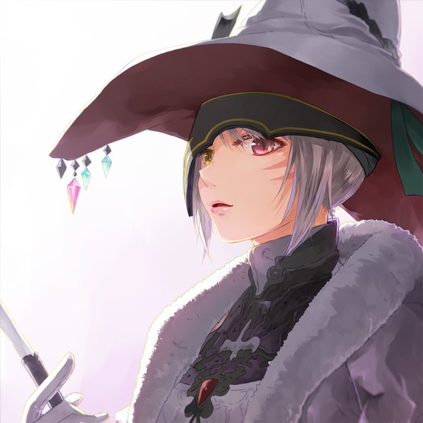 Anime picture 1024x1024 with final fantasy final fantasy xiv square enix miqo'te lili mdoki single blush short hair open mouth simple background looking away upper body parted lips lips grey hair grey background fur trim heterochromia facial mark animal eyes