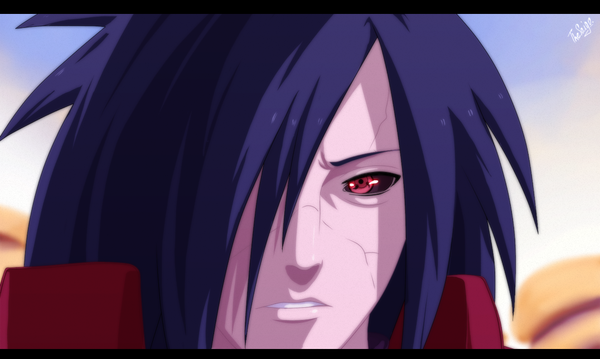 Anime picture 1076x645 with naruto studio pierrot naruto (series) uchiha madara thesaigo single fringe short hair red eyes wide image blue hair sky hair over one eye coloring close-up face akatsuki sharingan boy