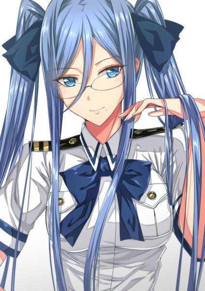 Anime-Bild 1200x1696 mit aoki hagane no arpeggio takao (aoki hagane no arpeggio) luzi (coffee-straw-luzi) single long hair tall image looking at viewer fringe blue eyes simple background smile hair between eyes standing white background twintails blue hair upper body mole short sleeves adjusting hair