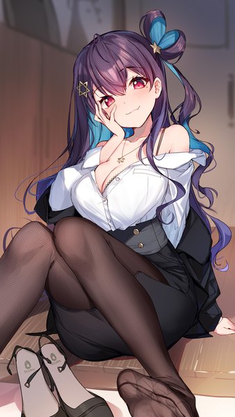 Anime picture 1200x2133 with virtual youtuber project-sp kurenai akane bison cangshu single long hair tall image looking at viewer blush fringe breasts light erotic black hair smile hair between eyes red eyes large breasts sitting bare shoulders blue hair