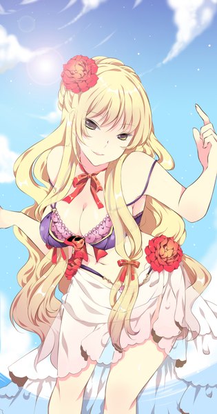 Anime picture 1000x1900 with touhou yakumo yukari roh nam kyung single long hair tall image looking at viewer breasts light erotic blonde hair large breasts yellow eyes sky cloud (clouds) hair flower pointing girl hair ornament flower (flowers) ribbon (ribbons)