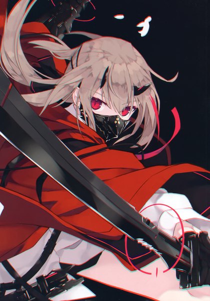 Anime picture 2061x2947 with original nagishiro mito single long hair tall image looking at viewer fringe highres simple background hair between eyes red eyes brown hair holding payot long sleeves horn (horns) scan black background fighting stance girl