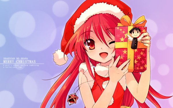 Anime picture 1920x1200 with shakugan no shana j.c. staff shana alastor single long hair looking at viewer highres open mouth red eyes wide image red hair wallpaper fur trim christmas merry christmas star print girl hat star (symbol)