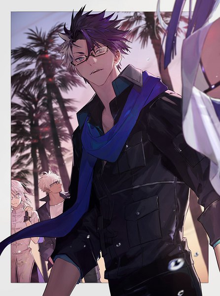 Anime-Bild 743x1000 mit fate (series) fate/grand order archer (fate) prince of lan ling (fate) brynhildr (fate) brynhildr (swimsuit berserker) (fate) archer (summer casual) (fate) prince of lan ling (eastern socialite attire) (fate) sigurd (fate) sigurd (memories with my lover) (fate) itefu tall image short hair looking away purple hair outdoors white hair traditional clothes multicolored hair two-tone hair