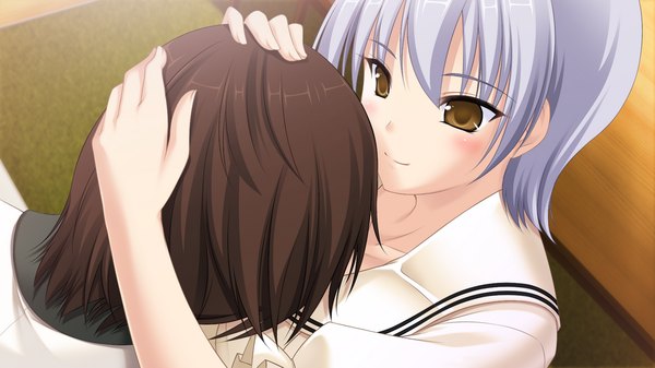 Anime picture 1024x576 with jesus 13th blush short hair black hair wide image brown eyes game cg silver hair girl boy uniform school uniform