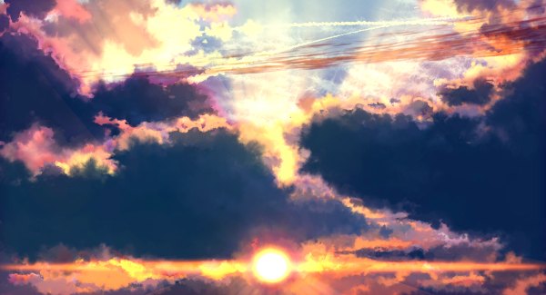 Anime picture 1200x650 with original aya (star) wide image sky cloud (clouds) sunlight horizon landscape sun
