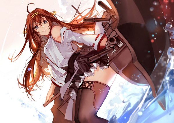 Anime-Bild 1920x1358 mit kantai collection kongou battleship joseph lee single long hair looking at viewer highres blue eyes smile brown hair sitting bare shoulders sky cloud (clouds) ahoge bent knee (knees) long sleeves traditional clothes japanese clothes sunlight