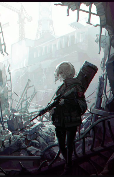 Anime picture 3000x4656 with original xeonomi single tall image looking at viewer fringe highres short hair standing holding silver hair outdoors hair over one eye grey eyes letterboxed anaglyph destruction popped collar girl weapon