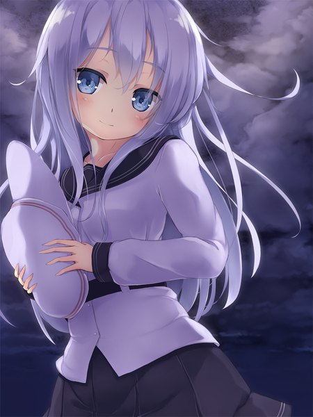 Anime picture 750x1000 with kantai collection hibiki destroyer verniy destroyer gengetsu chihiro single long hair tall image looking at viewer blush fringe blue eyes hair between eyes holding blue hair sky cloud (clouds) long sleeves head tilt pleated skirt light smile
