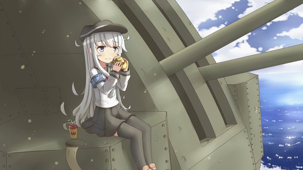 Anime picture 1920x1080 with kantai collection hibiki destroyer hinbackc single long hair fringe highres blue eyes hair between eyes wide image sitting holding looking away sky silver hair cloud (clouds) ahoge pleated skirt girl thighhighs