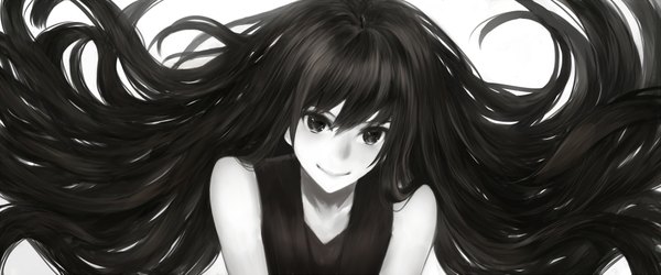 Anime picture 2100x875 with original bounin single looking at viewer fringe highres simple background smile hair between eyes wide image white background bare shoulders payot upper body very long hair head tilt sleeveless monochrome portrait girl