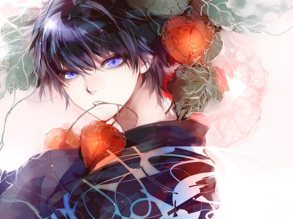 Anime picture 1024x768 with original matsunaka hiro single looking at viewer fringe short hair blue eyes holding purple hair parted lips mouth hold boy chinese lantern physalis