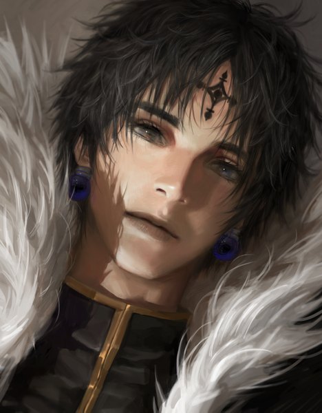 Anime picture 2180x2797 with hunter x hunter chrollo lucilfer diaodiao single tall image looking at viewer fringe highres short hair black hair lips realistic shadow grey eyes fur trim close-up forehead mark boy earrings fur