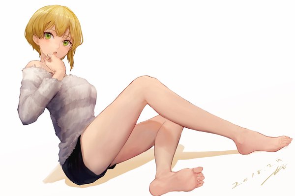 Anime picture 2048x1365 with idolmaster idolmaster cinderella girls miyamoto frederica kouzuki kei single looking at viewer highres short hair blonde hair sitting green eyes signed barefoot :o legs dated girl shorts short shorts