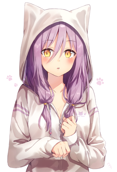 Anime picture 700x1020 with original nonono (nononotea) single long hair tall image looking at viewer blush fringe breasts open mouth simple background hair between eyes standing white background animal ears yellow eyes payot cleavage purple hair upper body