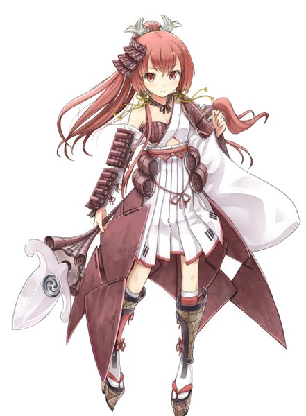 Anime picture 904x1230 with shirohime quest aizu wakamatsu ochau single long hair tall image looking at viewer blush fringe simple background red eyes standing white background ponytail red hair alternate costume girl hair ornament weapon staff