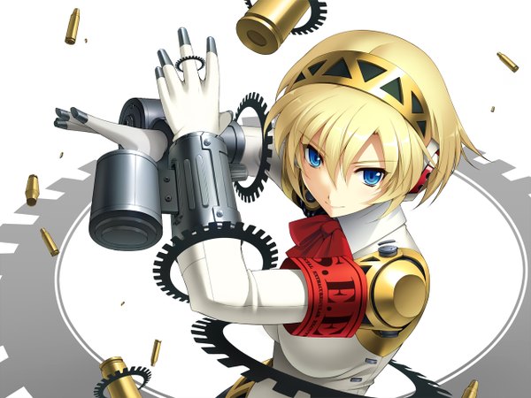 Anime picture 1280x960 with persona aegis cygnus (artist) single short hair blue eyes blonde hair white background mechanical girl hairband gears shell casing
