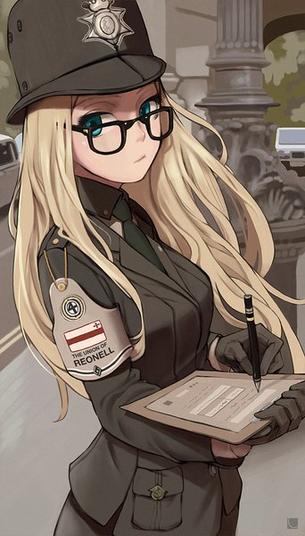 Anime picture 700x1226 with original carv single long hair tall image looking at viewer blue eyes blonde hair standing writing girl gloves uniform black gloves glasses necktie ground vehicle paper car pillar